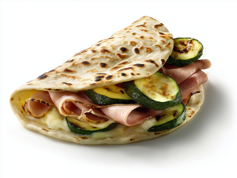 Advertising photo of a Piadina folded in half seen from above with cooked ham, squacquerone, grilled courgettes, on a white background