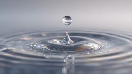 A single clear water droplet suspended in mid-air above a tranquil surface, creating a delicate splash and concentric ripples