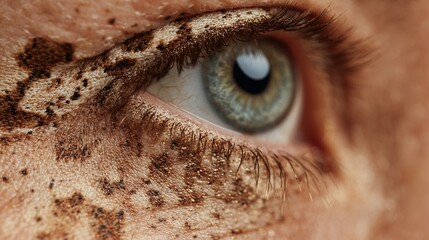  A close-up of a person's blue eyes, with dark spots on their skin and under their eye liners