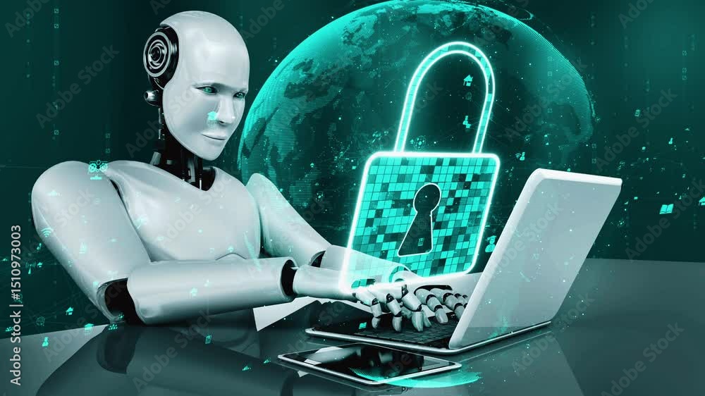 Poster ai robot huminoid uses cloud computing technology to store data on online server . futuristic concep