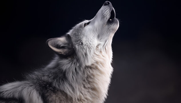 A portrait of a gray wolf calling its pack against a dark background.