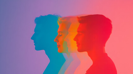 Colorful headshot profiles layered over each other.  Red, orange, yellow, and blue give a sense of calm contemplation.  Individuality and unity merge.