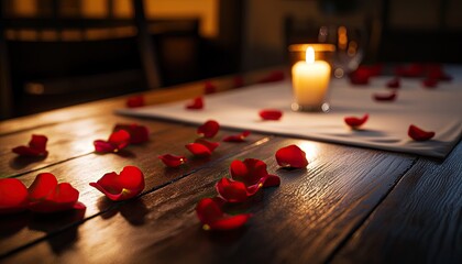 A romantic scene of a rustic wooden table set with a white cloth, adorned with red rose petals and a lit candle, creating a warm and inviting atmosphere for a quiet dinner. 