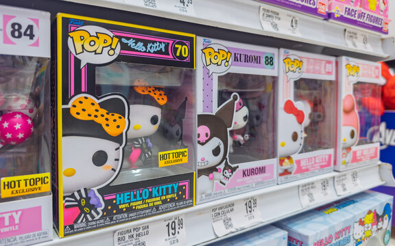 Guayaquil, Ecuador &ndash; May 17, 2025: Funko Pop! collectible figures of Sanrio characters like Hello Kitty and Kuromi displayed at a store, reflecting Japanese pop culture in the global youth collectible