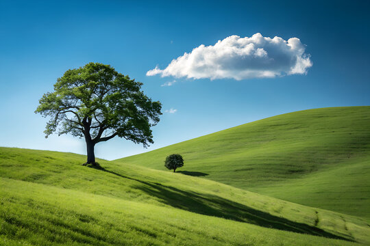 Lone green tree on rolling hills under a blue sky with a single cloud representing nature and tranquility
