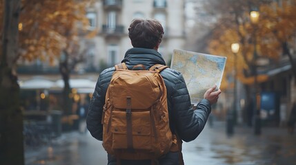 Man with backpack searching directions on a map in the city