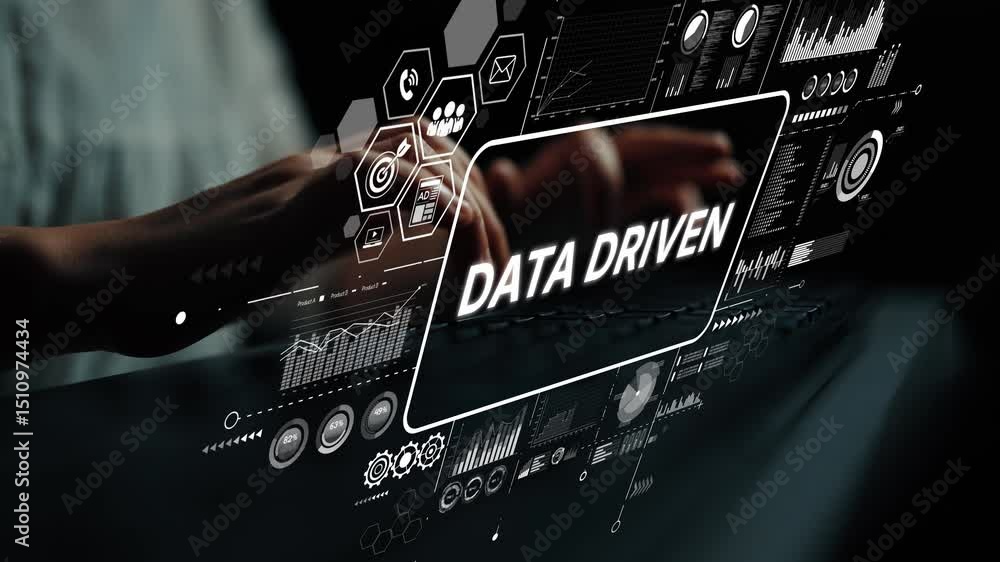 Poster Data Driven Insights with Digital Graphics, Modern User Interface, and Hands Typing on Keyboard in Dark Environment. Asymptotic smart data analytic.