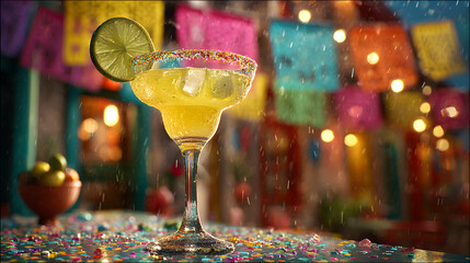 Festive lime cocktail in a sprinkle-rimmed glass, ready for a vibrant celebration with colorful confetti and decorations