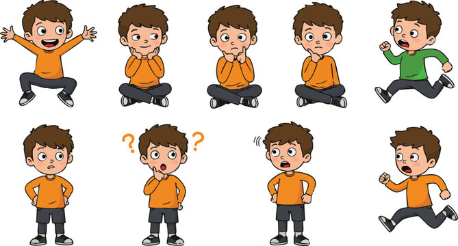 Cartoon boy showing various emotions and poses in different positions on a white background image