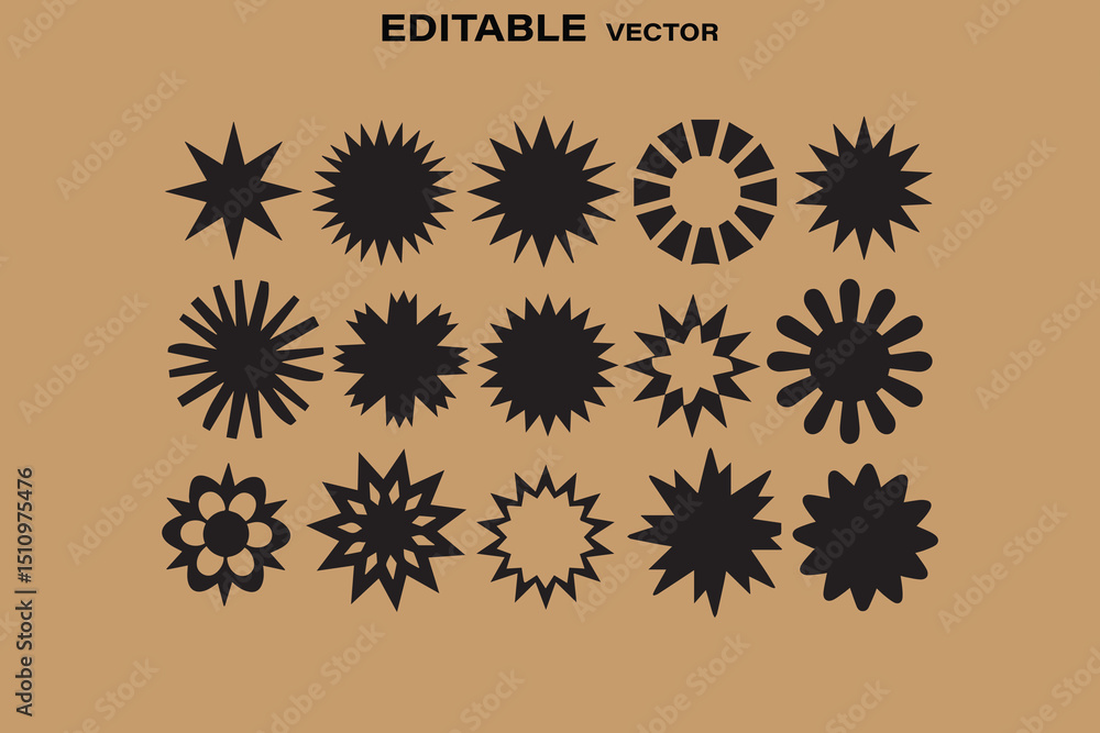 Poster collection of abstract starburst shapes in black on tan background editable vector graphics for desi