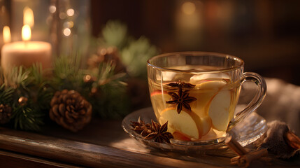 Fototapeta premium Aromatic hot mulled cider in a clear glass mug, garnished with fresh apple slices and star anise, creating a cozy holiday atmosphere with warm candlelight