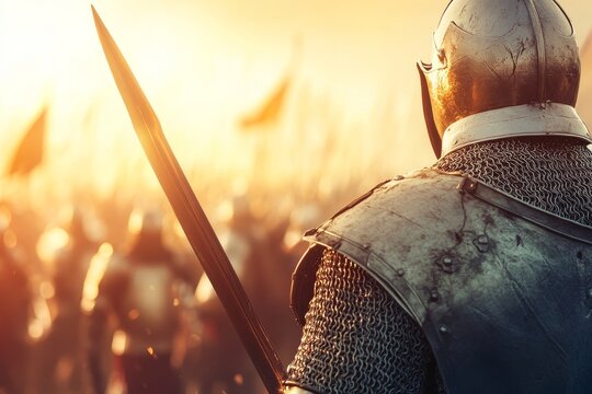 Depict a knight in shining armor preparing for a jousting tournament, surrounded by squires who are helping with the preparations
