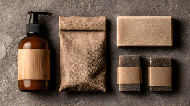 Minimalist mockup of natural cosmetic products with blank craft paper labels, featuring an amber dispenser bottle and handmade soap bars on a dark stone background