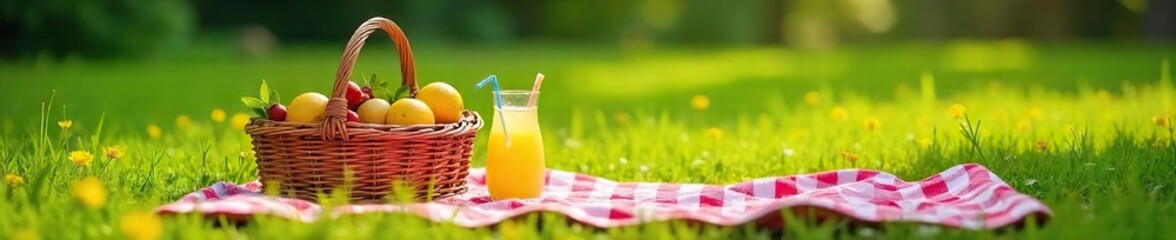 A checkered blanket spread on a sun-dappled grass field, laden with a wicker basket overflowing with summer fruits, sandwiches, and lemonade, ready for a delightful al fresco meal , outdoor, nature