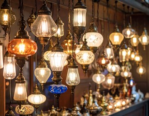 Colorful hanging lamps in a shop