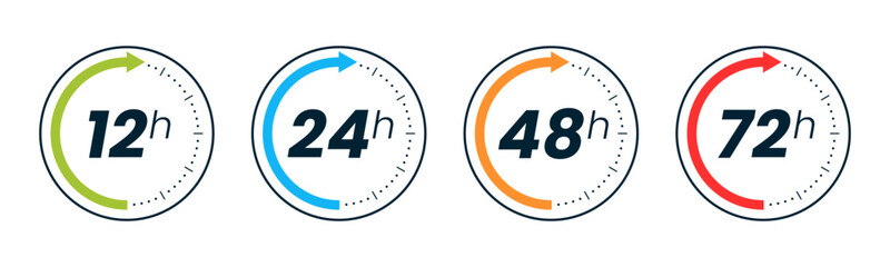 Fototapeta premium Set of 12, 24, 48 and 72 hour clocks with arrows on white background. Vector work time effect or delivery service time icon