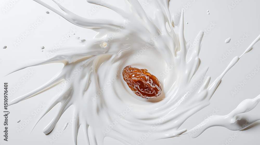 Poster raisin splash: a dried grape plunges into a swirl of creamy liquid, creating a dynamic burst of whit