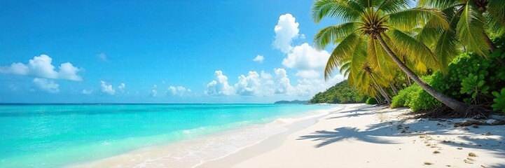 Sun-drenched white sand beach, turquoise ocean waves gently lapping the shore, lush palm trees swaying in the tropical breeze A perfect paradise getaway scene , dreamy, sand
