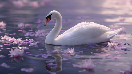 Obraz premium Elegant white swan gracefully swimming on a tranquil purple lake adorned with floating cherry blossom petals