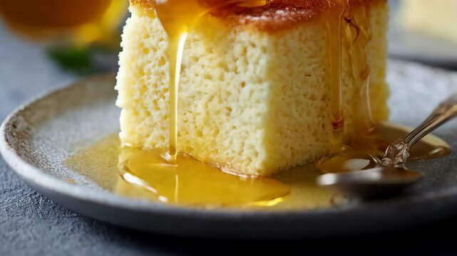 Pouring syrup over a slice of delicious tres leches cake with delicate floral garnish on a plate
