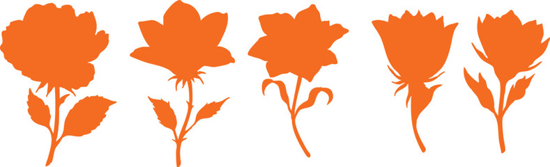 A collection of orange flower silhouettes with stems and leaves on a white background in a row format