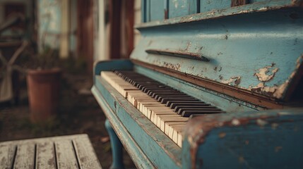 Vintage blue piano with worn keys in rustic outdoor setting  