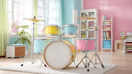Colorful children's drum set in bright, playful room with plants  