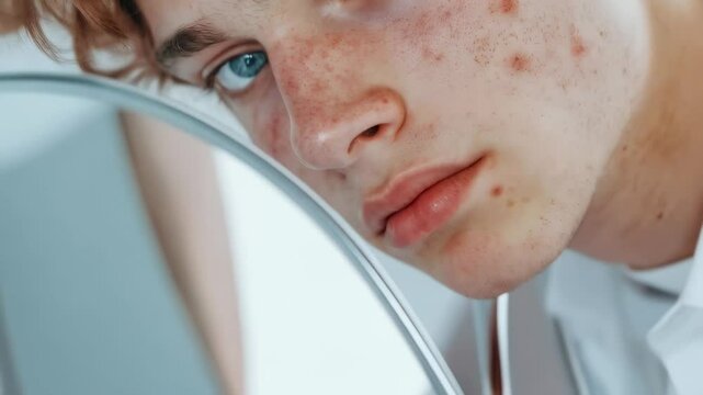 Young man with reddened, inflamed facial skin critically examining pimples and rosacea in mirror, experiencing self consciousness about skin imperfections and complexion challenges