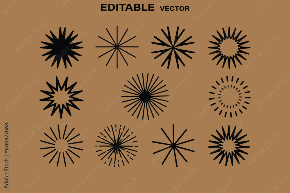 Poster collection of abstract sunbursts and starbursts in vector format for graphic design and decorative e