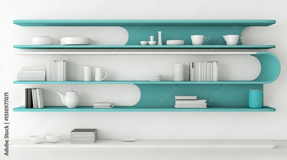 Poster teal and white shelving unit with various objects.