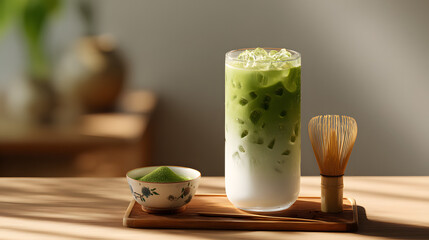 A refreshing iced matcha latte with layers of milk and green tea, prepared with a bamboo whisk on a sunlit wooden table