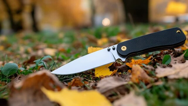 Folding knife on autumn leaves outdoor equipment minimalist still life background