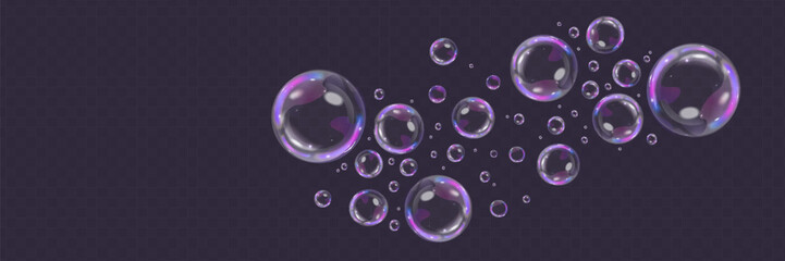 Colorful soap bubbles on a transparent background. Bright, dreamy bubbles with a rainbow gradient effect. Realistic soap bubble element vector set. Vector