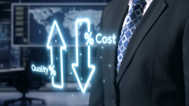 A businessman stands near a digital screen, showcasing arrows symbolizing changes in quality and cost metrics, illustrating important business concepts in a modern workspace. Qubit
