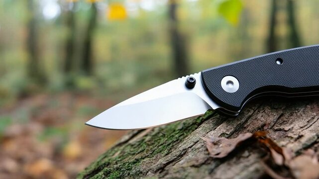 Folded knife on tree trunk metallic blade and dark handle outdoor gear sharp tool