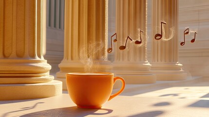 Orange coffee cup with notes of music, resting amidst ancient pillars.