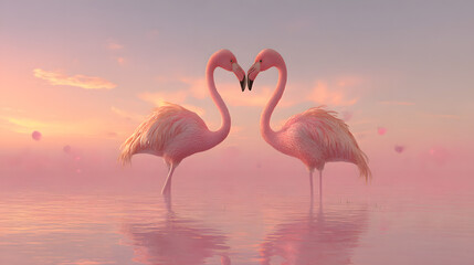 Naklejka premium Pink Flamingos in Love A Dreamy Sunset Romance