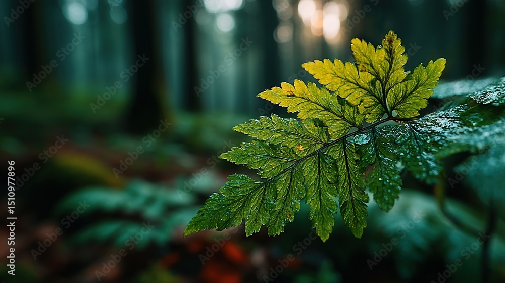 Poster a close-up of a leaf on a tree in a forest with raindrops
