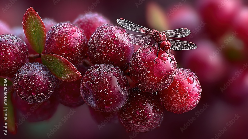 Poster a zoomed-in image of several berries with a dragonfly perched atop one, and droplets of water cascad