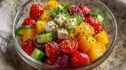    a bowl filled with juicy tomatoes, crisp cucumbers, and an assortment of vibrant veggies