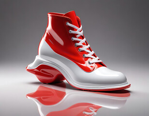 High-fashion red and white stiletto on minimalist stage
