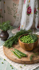 Fresh green peas in wooden bowl with dill on wooden board healthy food photography still life image