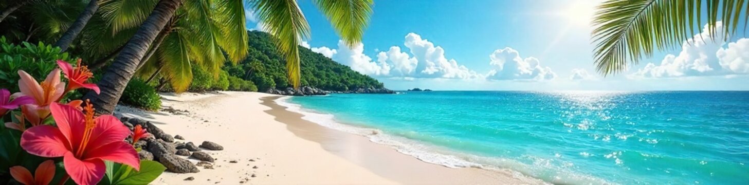 Vibrant tropical island paradise scene Sun-drenched beach, turquoise water, lush foliage, colorful flowers, and clear sky Perfect for travel, vacation, or summer themes , flowers, escape, exotic
