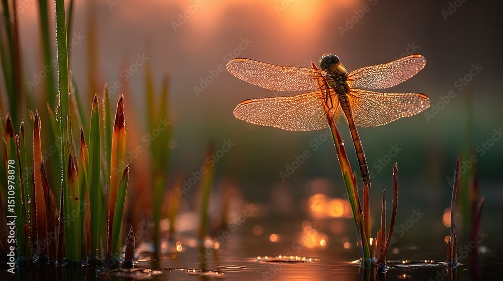Poster close-up of a dragonfly hovering over water with reeds in the background