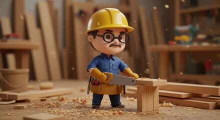 A cartoon woodworker character cuts wood in a spacious workshop filled with tools and shavings