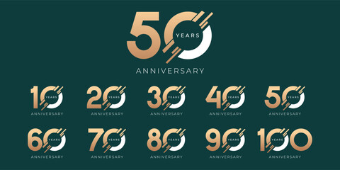 Set of modern vector logo designs for 10th to 100th anniversary, in gold color for celebrations, weddings and birthdays