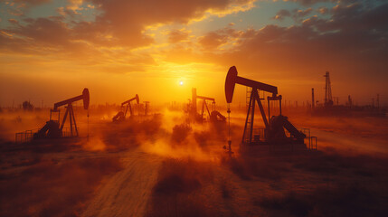 Photorealistic Oil Field in Golden Hour &ndash; Nodding Donkey Pumpjacks