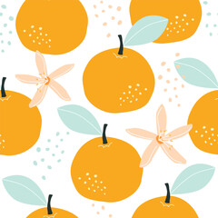 Seamless pattern with orange and flowers on a white background. Vector illustration for printing. Background with food and drinks. Cute baby background 