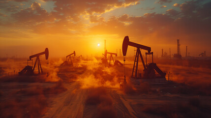 Photorealistic Oil Field in Golden Hour &ndash; Nodding Donkey Pumpjacks