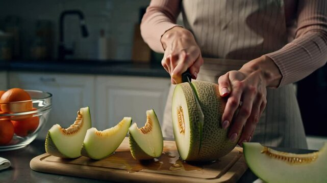 female hands cutting raw fresh   melon with knife in modern kitchen
